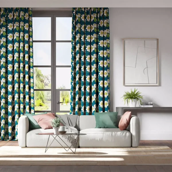 blue curtains with white flower curtains