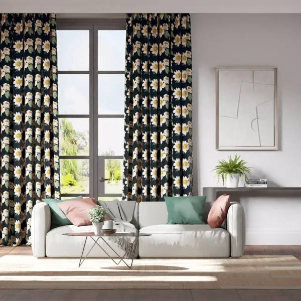 black curtains with white flower curtains