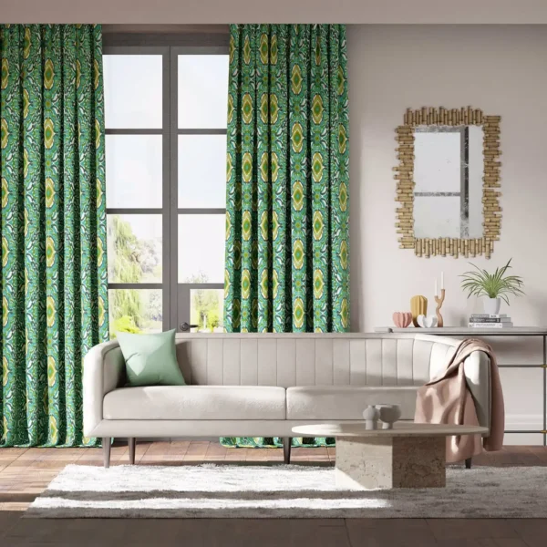 green ikat geometric curtains