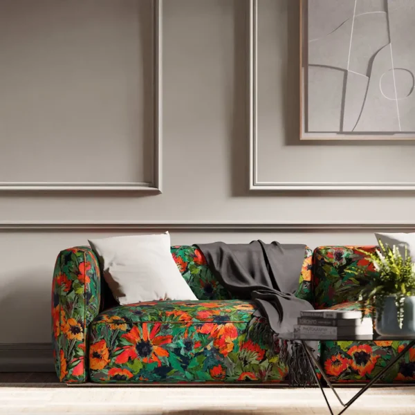 Helianthus Fabric - Vermillion / Harissa / Fig Leaf by multi coloured flower design sofa