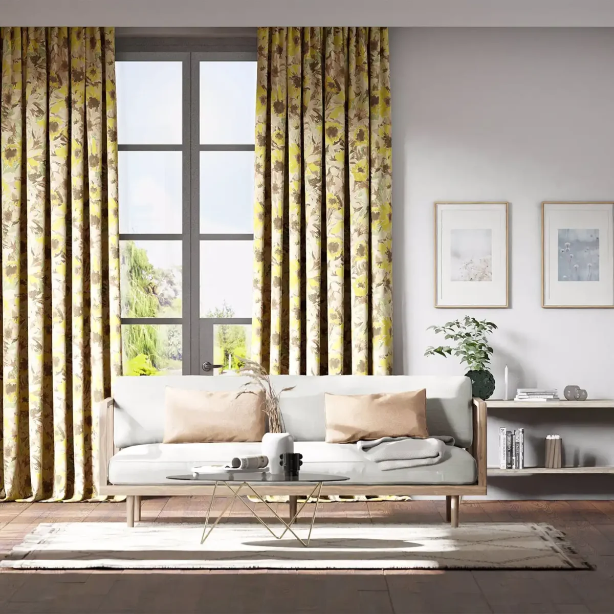 Helianthus Fabric - Vermillion / Harissa / Fig Leaf by yellow flower design curtains