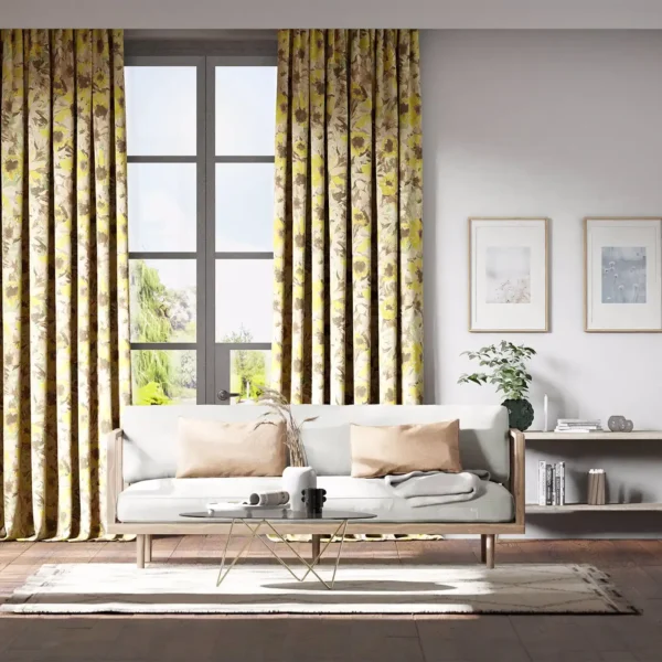 Helianthus Fabric - Vermillion / Harissa / Fig Leaf by yellow flower design curtains