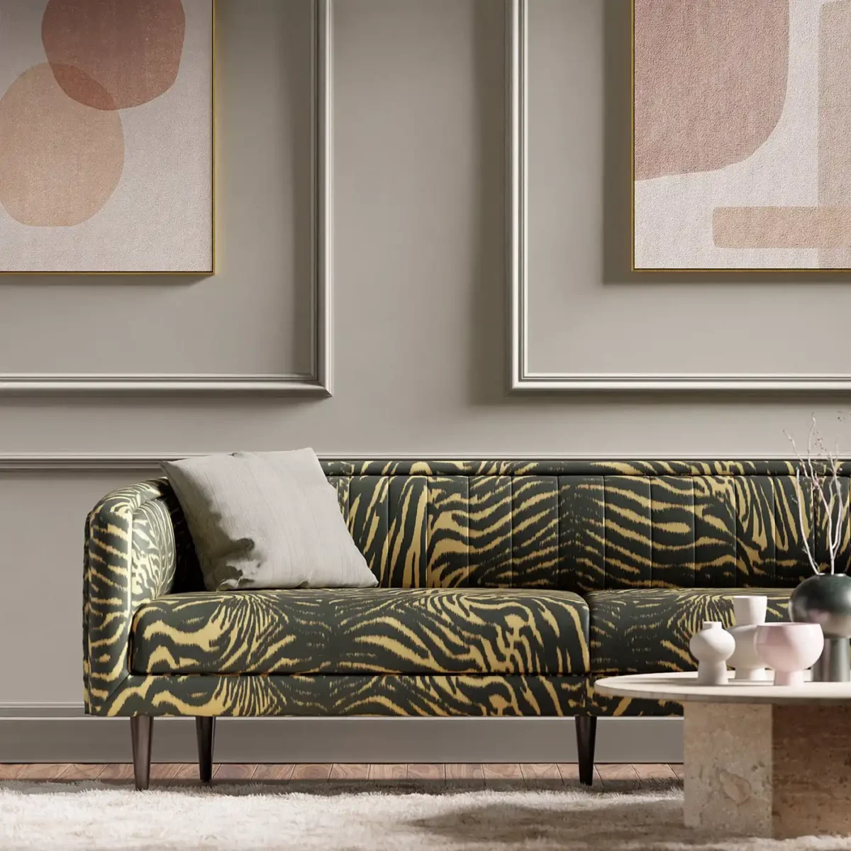 Equidae Fabric - Black Earth / Brass by brass colour animal print sofa