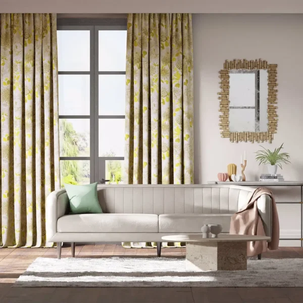 Dahlia Fabric - Coral / Fig Leaf / Sky by yellow flower design curtain