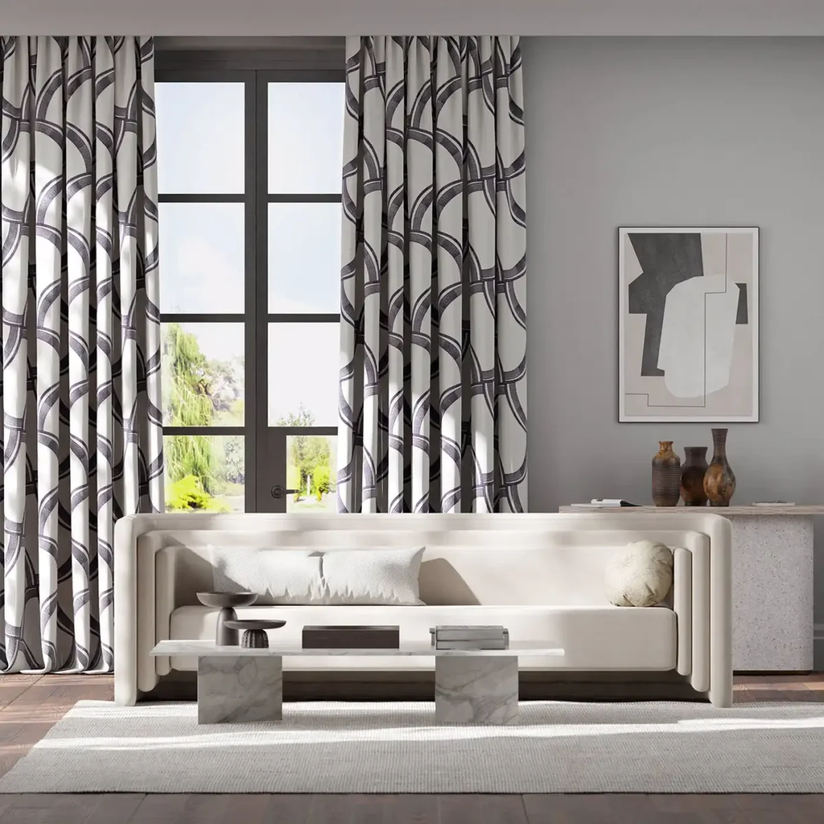 black trellis design curtains