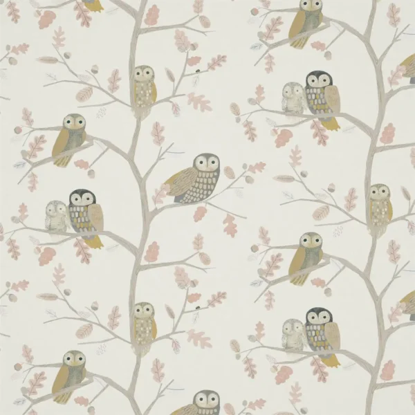 Little Owls Fabric - Powder by black-grey animal cotton fabric from Harlequin