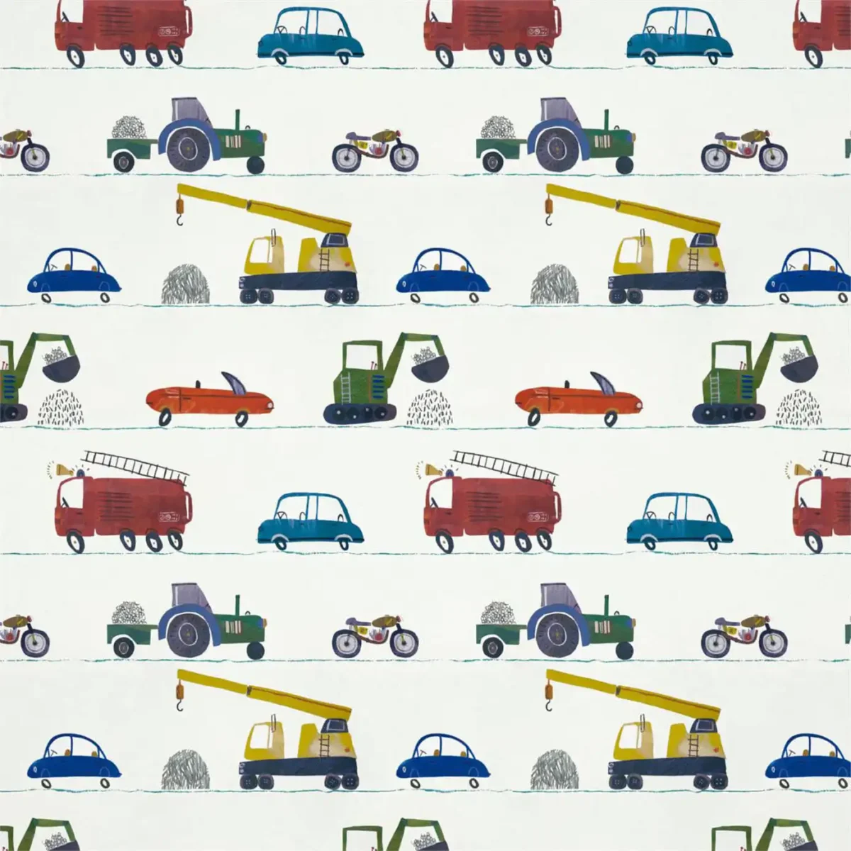 Just Keep Trucking Wallpaper - Tomato / Marine / Gecko by multicolour children's wallpaper from harlequin