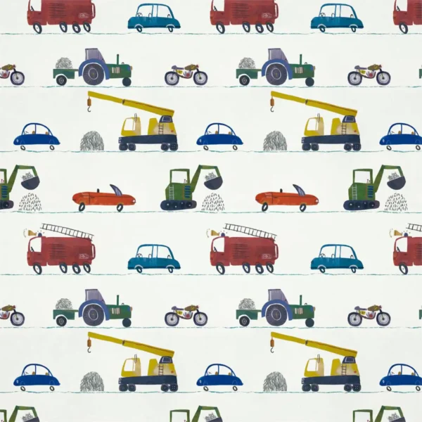 Just Keep Trucking Wallpaper - Tomato / Marine / Gecko by multicolour children's wallpaper from harlequin