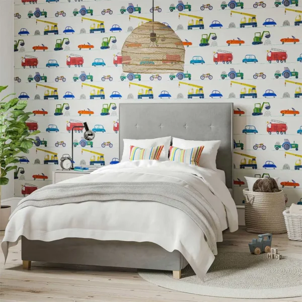 Just Keep Trucking Wallpaper - Tomato / Marine / Gecko by multi coloured trucks and vehicle wallpaper with bed