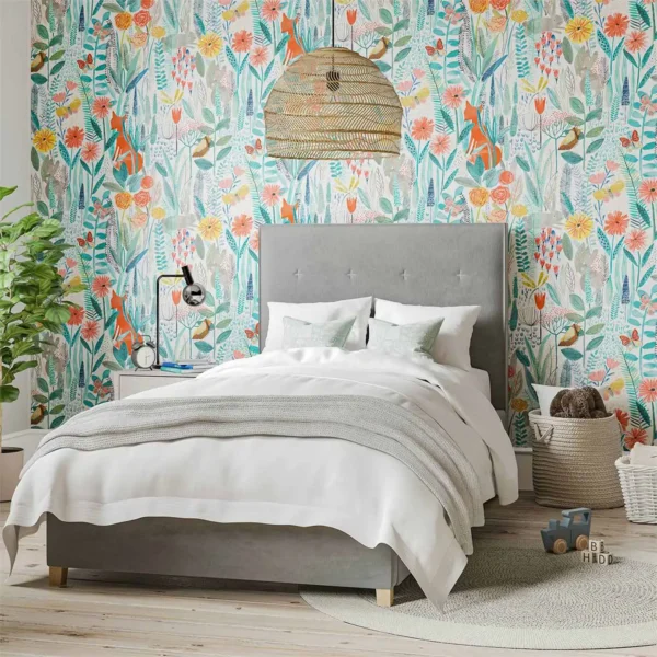 overgrown meadow flowers wallpaper with bed