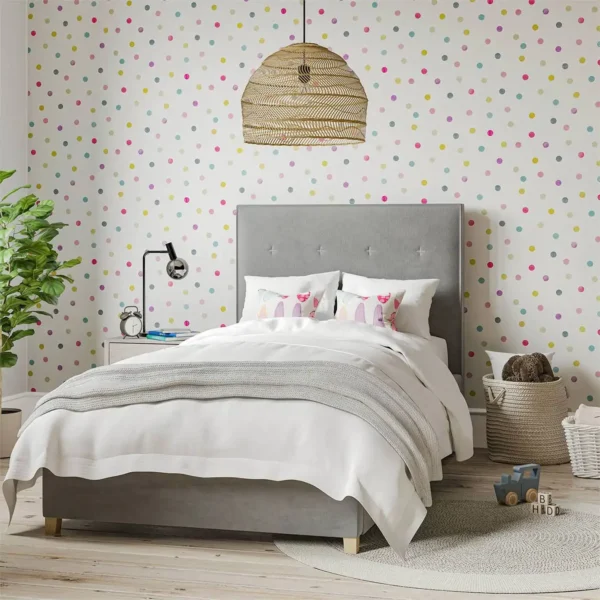 Bon Bon Wallpaper - Sky / Gecko / Ochre by multi coloured dot wallpaper with bed