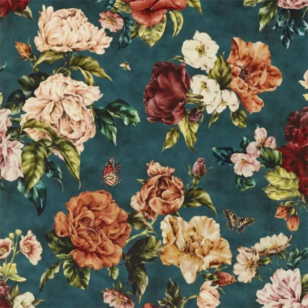 Summer Peony Fabric - Newby Green by multicolour botanical velvet-chenille fabric from Sanderson