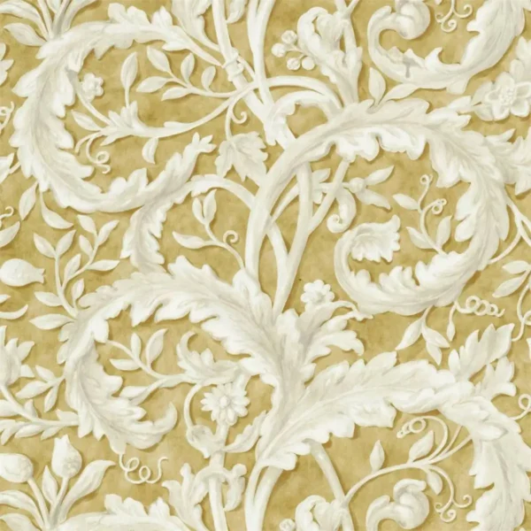 Tilia Lime Fabric - Gold by brown botanical cotton fabric from Sanderson