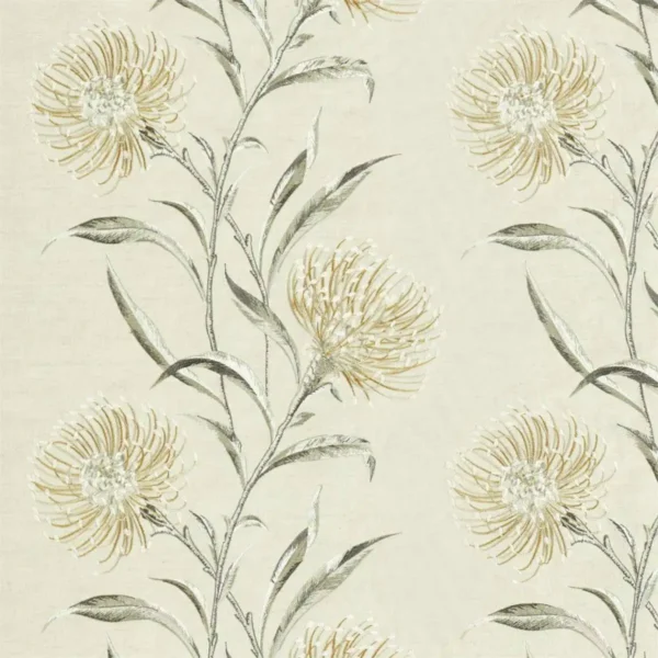 Catherinae Embroidery Fabric - Hay by black-grey botanical embroideried fabric from Sanderson