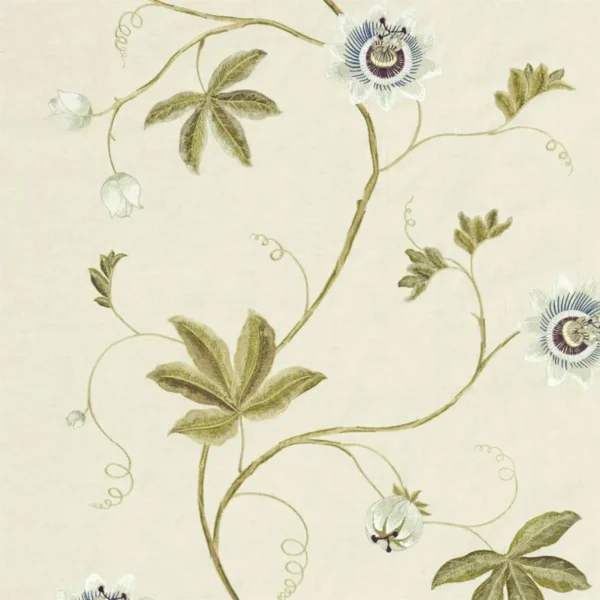 Passion Vine Fabric - Sage by green botanical embroideried fabric from Sanderson