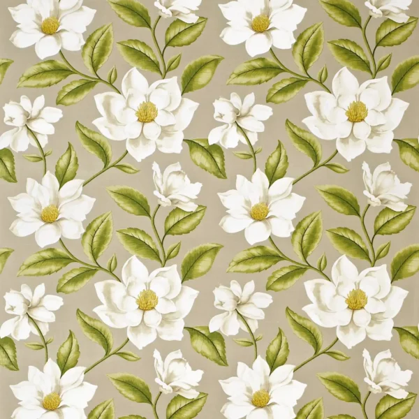 Grandiflora Fabric - Linen / Olive by brown botanical printed fabric from Sanderson
