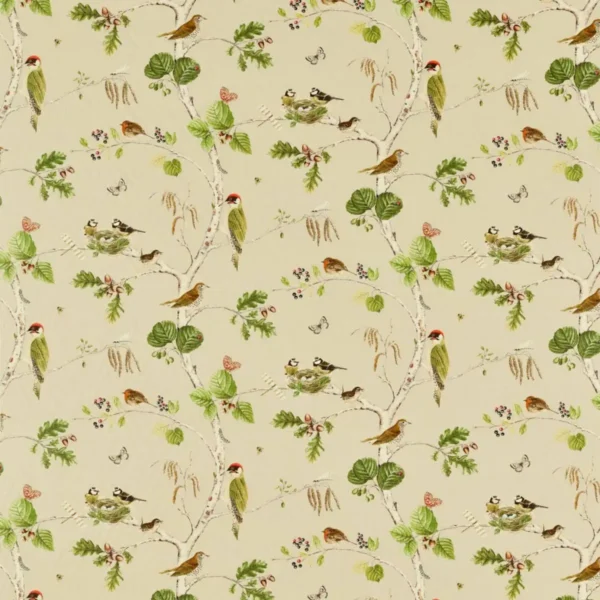 Woodland Chorus Fabric - Birch / Multi by green botanical printed fabric from Sanderson