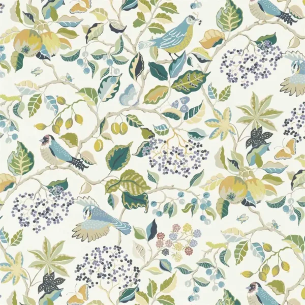 Birds and Berries Fabric - Southwold Blue by multicolour botanical cotton fabric from Sanderson
