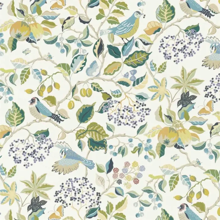 Birds and Berries Fabric - Southwold Blue swatch
