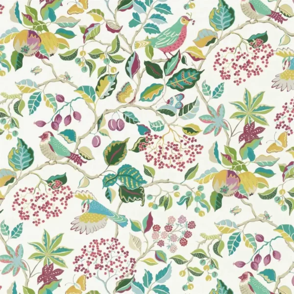 Birds and Berries Fabric - Fern by multicolour botanical cotton fabric from Sanderson
