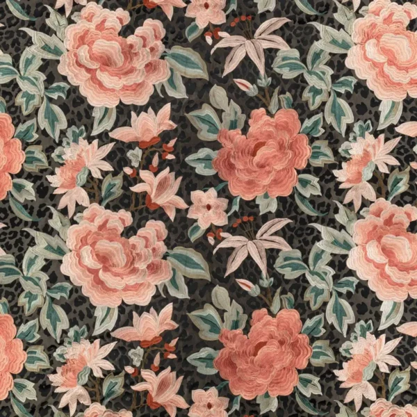 orange botanical embroideried fabric from Romo