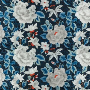 blue botanical embroideried fabric from Romo