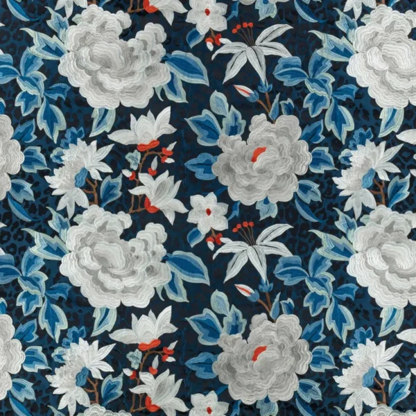 blue botanical embroideried fabric from Romo