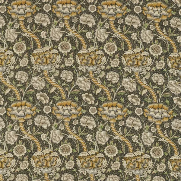 Wandle Fabric - Charcoal / Mustard by black-grey botanical linen fabric from William Morris & Co