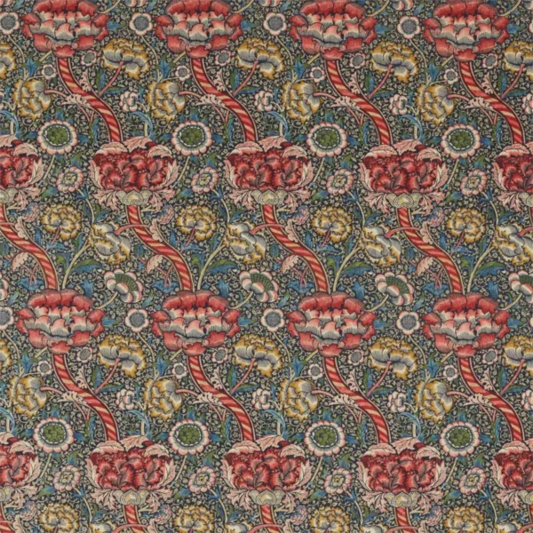 Wandle Fabric - Indigo / Carmine by multicolour botanical linen fabric from William Morris & Co