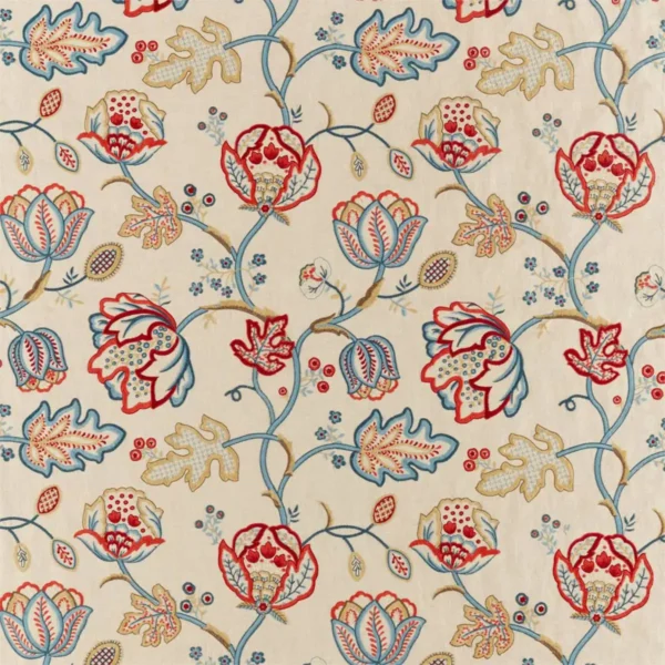 Theodosia Embroidery Fabric - Wine / Indigo by multicolour botanical embroideried fabric from William Morris & Co