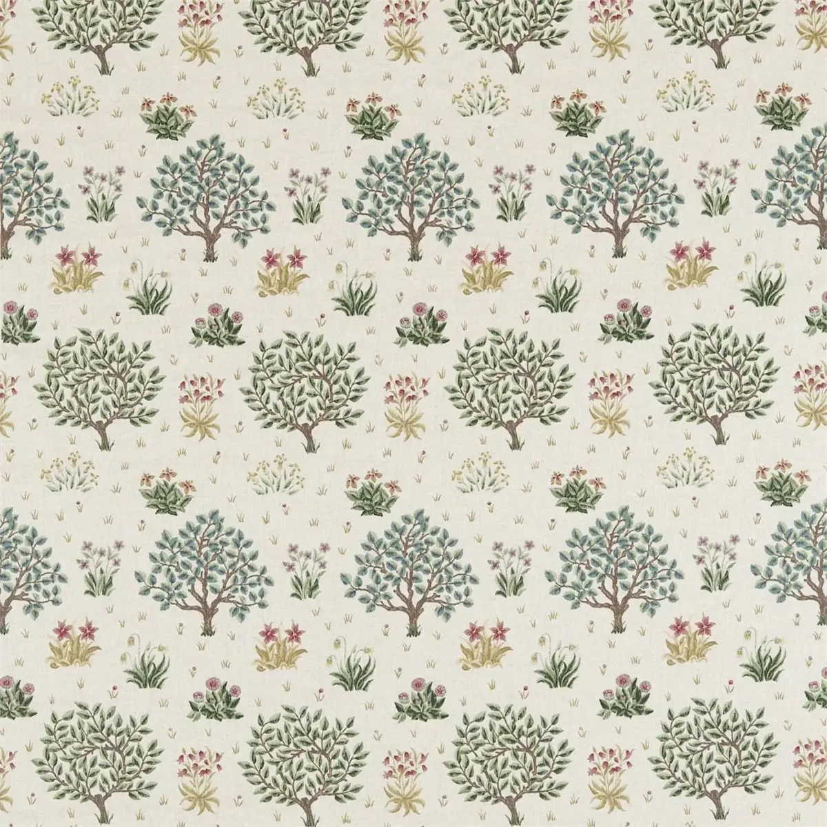 Orchard Fabric - Bayleaf / Rose by green botanical linen fabric from William Morris & Co