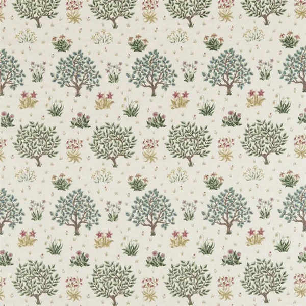 Orchard Fabric - Bayleaf / Rose by green botanical linen fabric from William Morris & Co