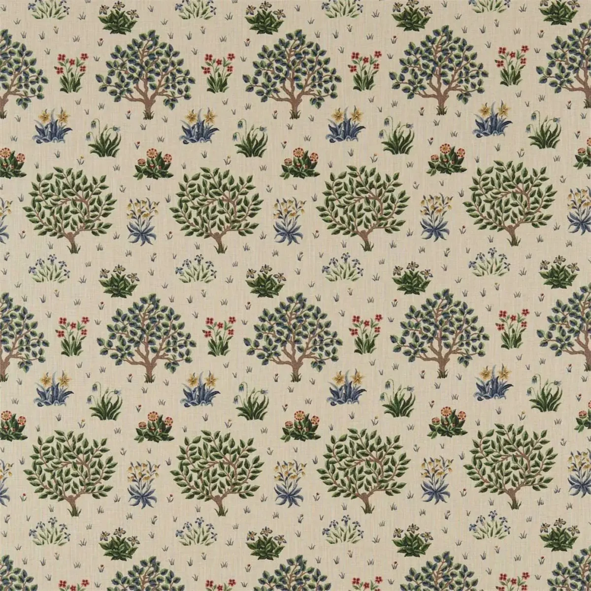 Orchard Fabric - Forest / Indigo by multicolour botanical linen fabric from William Morris & Co