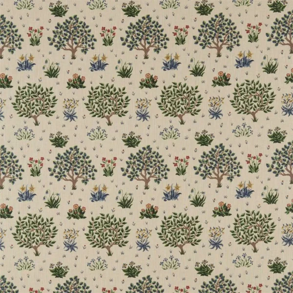 Orchard Fabric - Forest / Indigo by multicolour botanical linen fabric from William Morris & Co