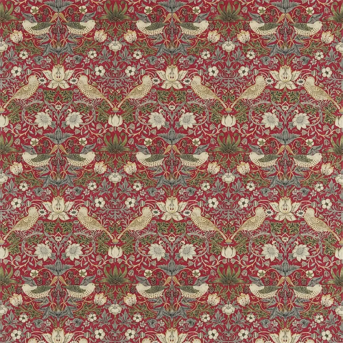 Strawberry Thief Fabric - Crimson / Slate by red animal cotton fabric from William Morris & Co