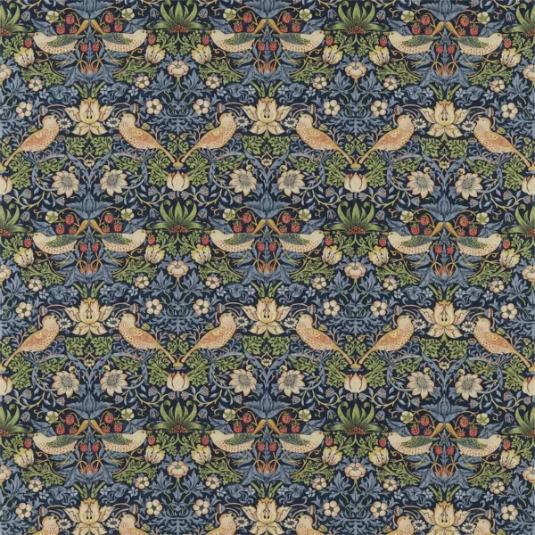 Strawberry Thief Fabric - Indigo / Mineral by blue animal cotton fabric from William Morris & Co