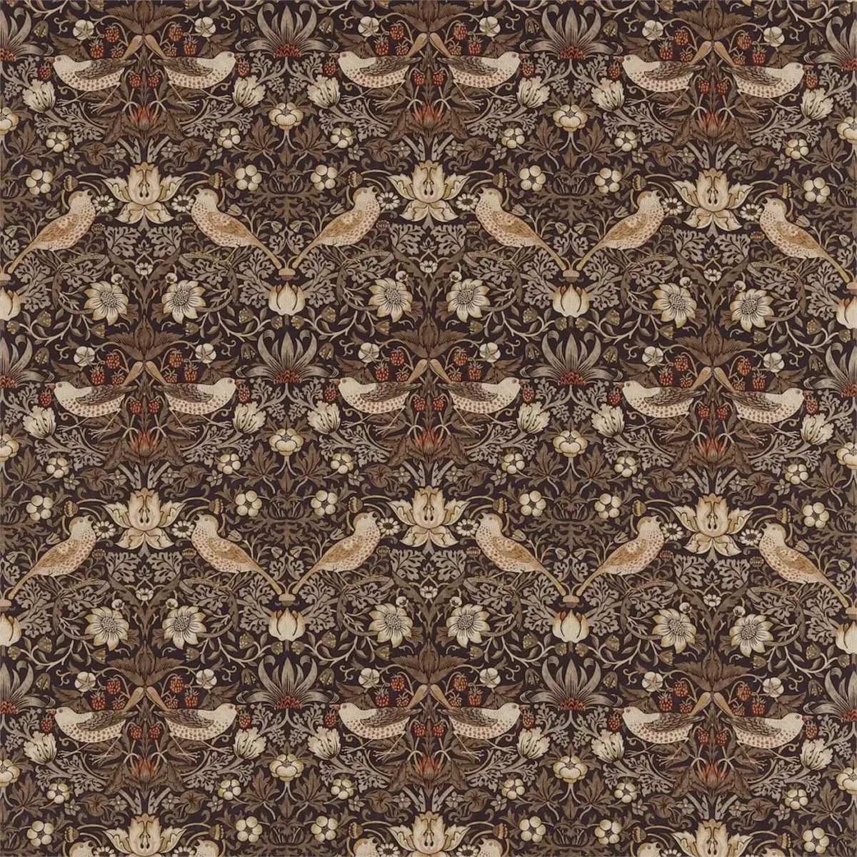 Strawberry Thief Fabric - Grape / Gold by brown animal cotton fabric from William Morris & Co