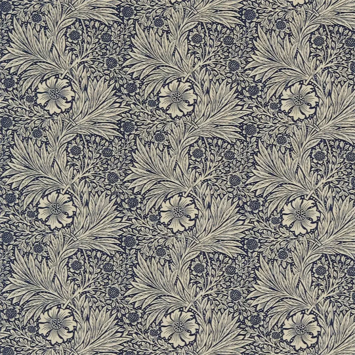 Marigold Fabric - Indigo / Linen by blue botanical linen fabric from William Morris & Co