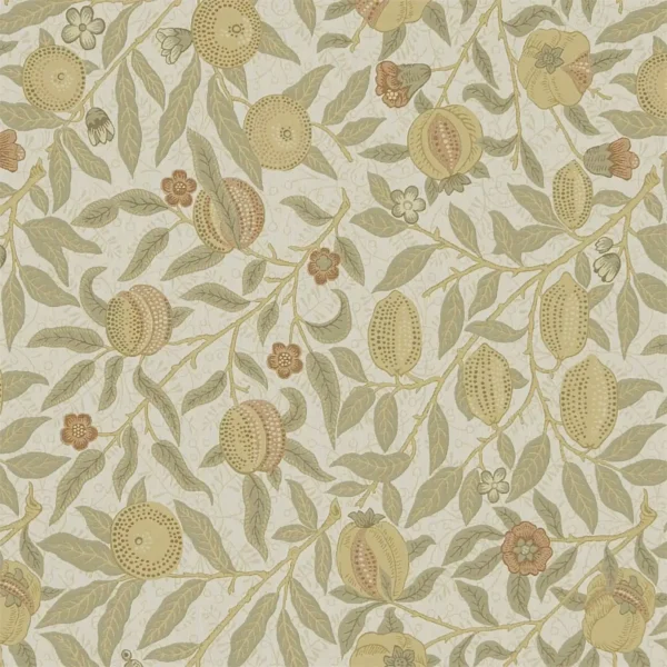 Fruit Fabric - Parchment / Bayleaf by neutral botanical cotton fabric from William Morris & Co