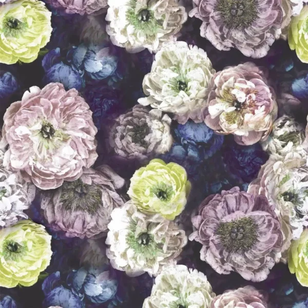 Le Poeme de Fleurs Fabric - Midnight by multicolour botanical velvet-chenille fabric from Designers Guild