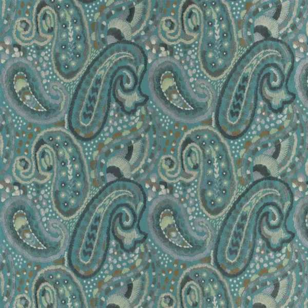 Uchiwa Fabric - Teal by blue botanical embroideried fabric from Designers Guild