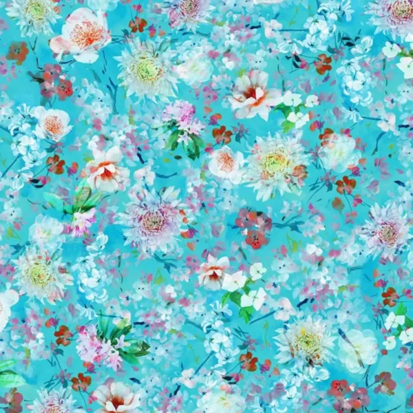 Avelli Fabric - Turquoise by blue botanical cotton fabric from Designers Guild