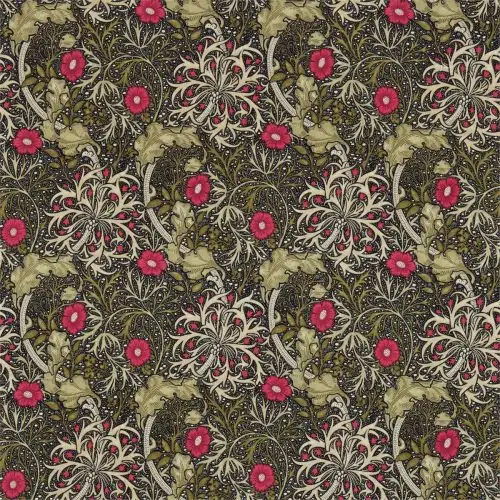 Morris Seaweed Fabric - Ebony / Poppy by brown botanical cotton fabric from William Morris & Co