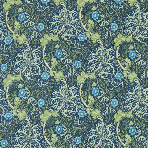 Morris Seaweed Fabric - Cobalt / Thyme by blue botanical cotton fabric from William Morris & Co