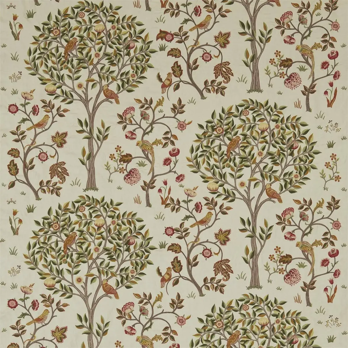 Kelmscott Tree Fabric - Russet / Artichoke by orange botanical embroideried fabric from William Morris & Co