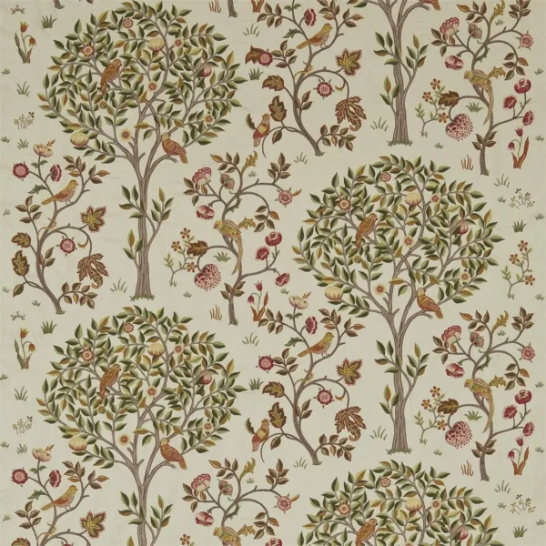Kelmscott Tree Fabric - Russet / Artichoke by orange botanical embroideried fabric from William Morris & Co