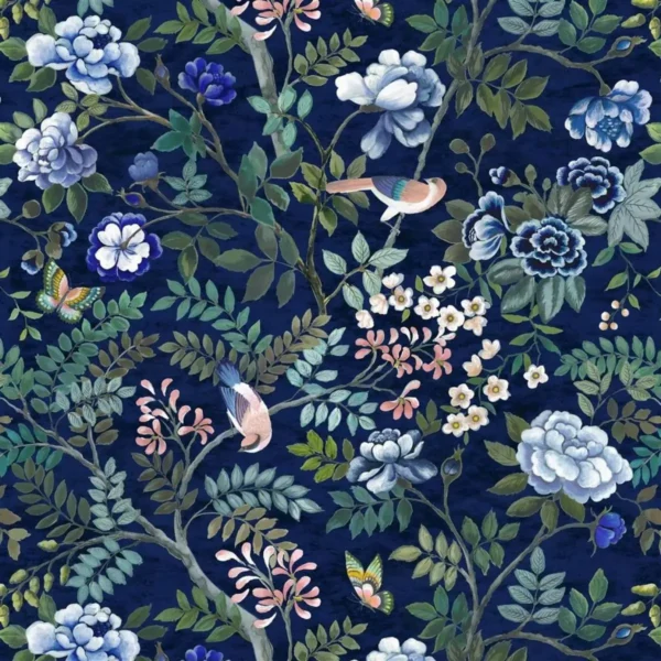 Porcelaine De Chine Velours Fabric - Indigo by blue botanical printed fabric from Designers Guild