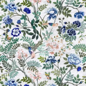 blue botanical linen fabric from Designers Guild