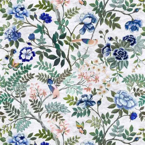 Porcelaine De Chine Fabric - Cobalt by blue botanical linen fabric from Designers Guild
