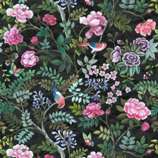Porcelaine De Chine Velours Fabric - Noir by green botanical printed fabric from Designers Guild